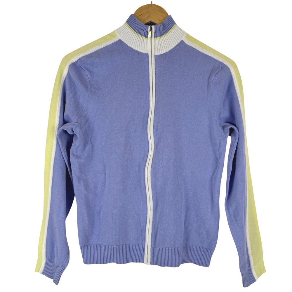 Dockers Golf Knit Track Jacket Sweater Periwinkle Blue‎ Yellow Stripe M Preppy